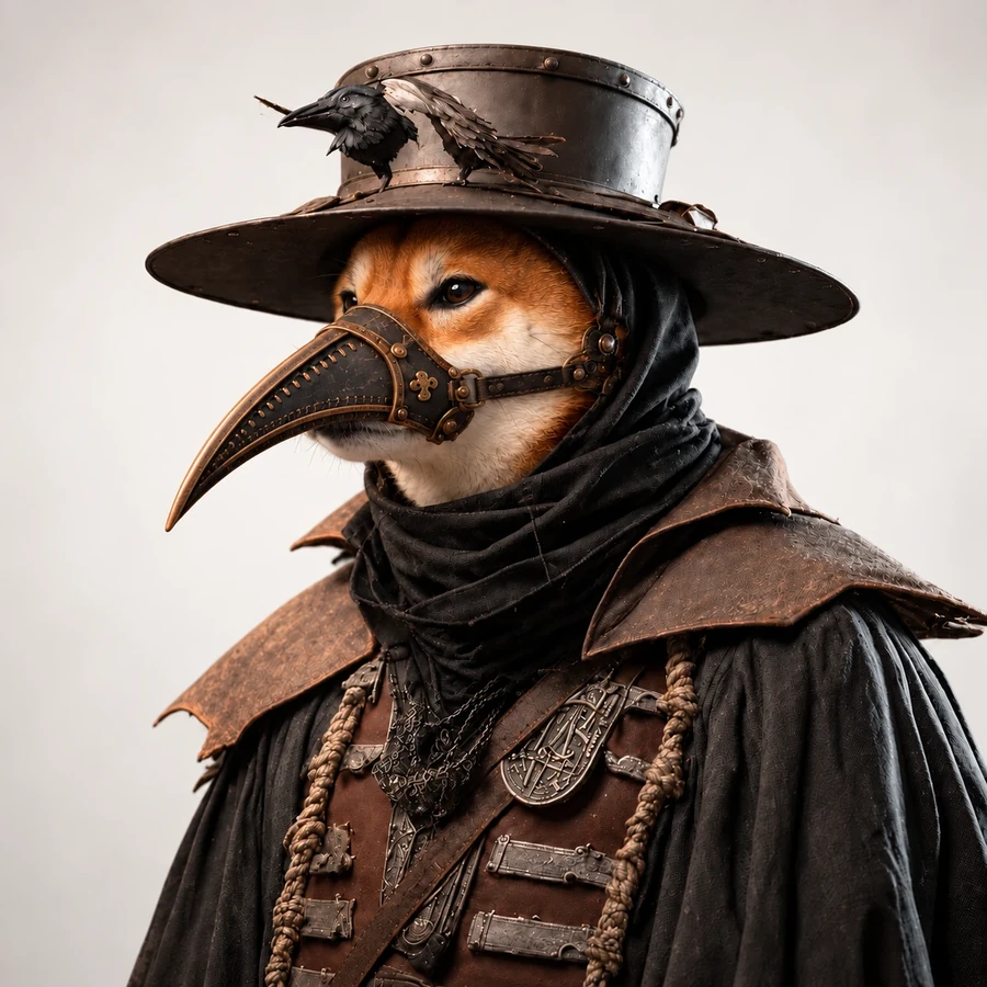 Profile of a shiba inu wearing a wide riveted hat with a raven on it, a black hood and a long leather beak strapped over its snout