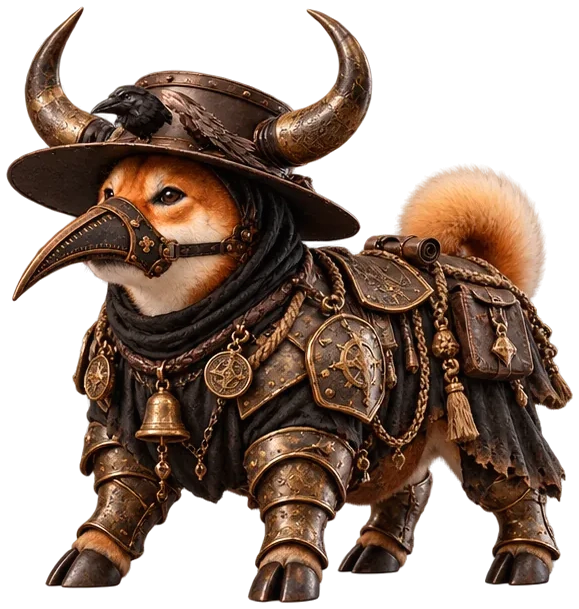 Plaginu on all fours in bronze armour with bull horns on his hat