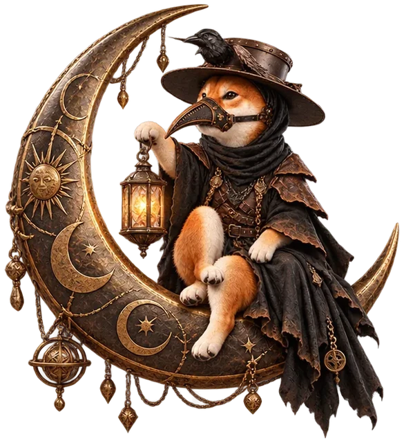 Plaginu sitting on a brass crescent moon holding a lantern