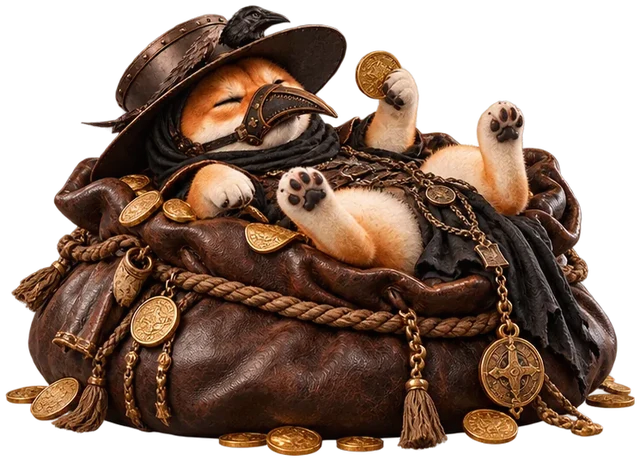Plaginu lying on his back on a leather sack of gold coins, holding one up